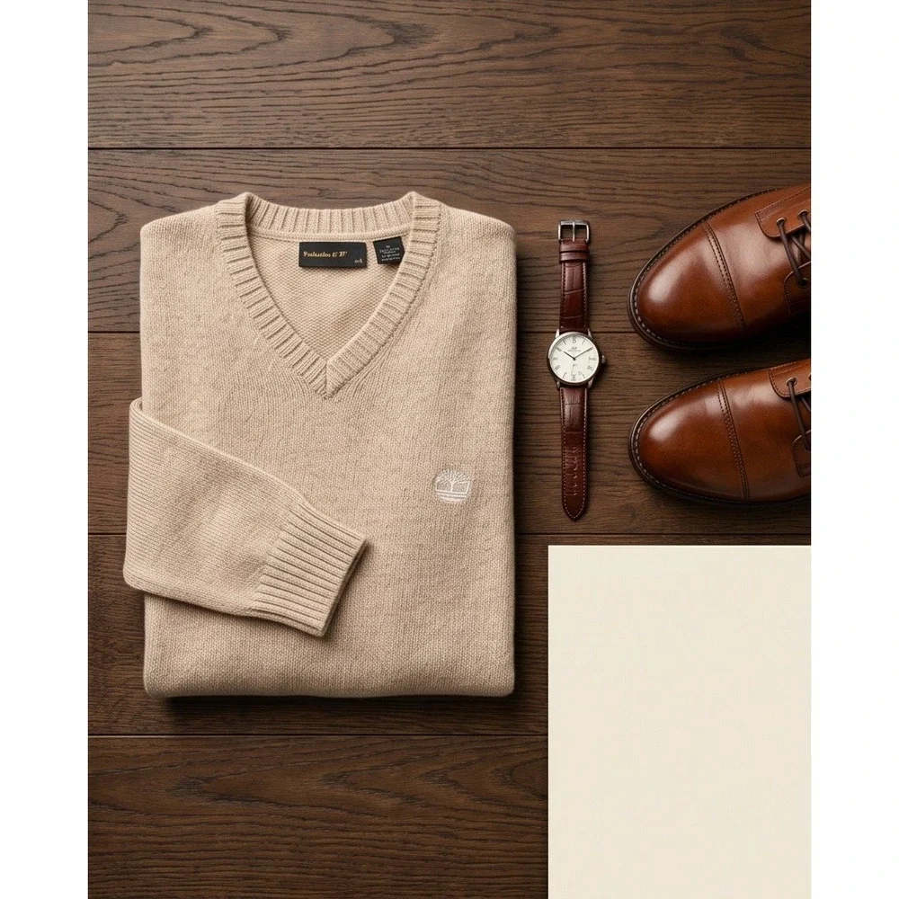Timberland Mens L V-Neck Y2K Vintage Lambswool Sweater Beige Tan Large Logo‎